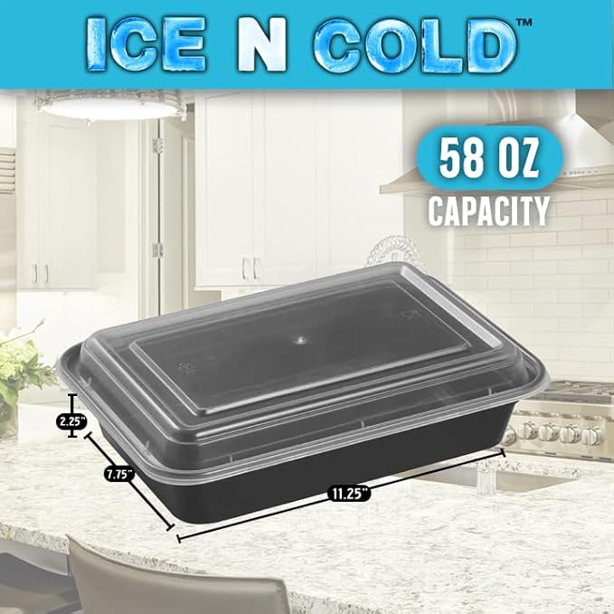 ICE N COLD Reusable To-Go Food Meal Prep Storage Containers with Leak Proof Snap Lids 58oz | 1715ml | 50-Pack