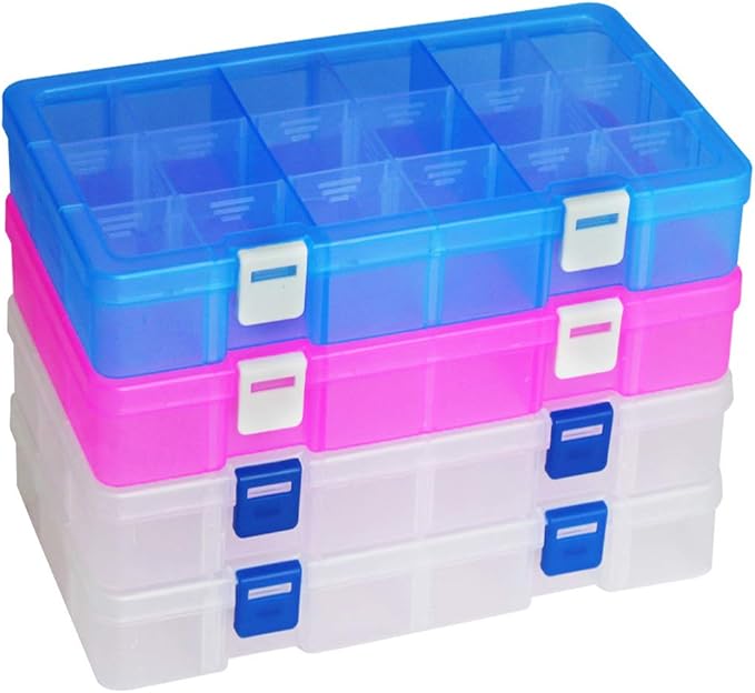 DUOFIRE Plastic Organizer Container Storage Box Adjustable Divider Removable Grid Compartment for Jewelry Beads Earring Tool Fishing Hook Small Accessories(18 grids, 2White-Pink-Blue)