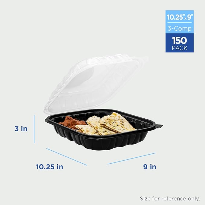 Karat Premium PP Hinged Container, Take Out Food Containers - Case (10.25"x9", 3 compartments)
