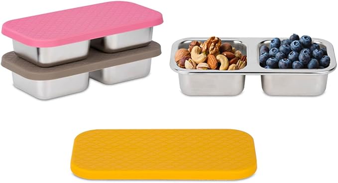 SUMERX 3 Pack Stainless Steel Snack Containers, 2 Compartment Snack Containers with Lids, Reusable Food Storage Containers with Lids for Travel, Outdoor, Camping
