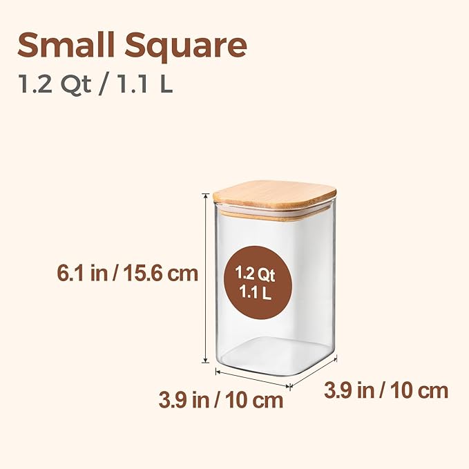 ComSaf Glass Storage Containers with Lids, 1.2 Qt Glass Jars with Lids, Clear Food Storage Jar, Canister For Pantry Cookie Flour Cereal Rice Sugar Tea Coffee Beans Spice, Square Set of 4