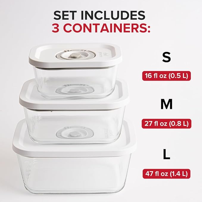 Chef Preserve Glass Vacuum Seal Containers for Food Storage, Made For Compact Vacuum Sealer, 3pcs set [1x Small, 1x Medium, 1x Large] Works With Handheld Vacuum Sealer Machine