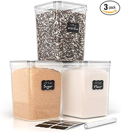 Simply Gourmet Airtight Flour and Sugar Containers with Lids – 3 Piece Kitchen Pantry Organization Set, BPA-Free Clear Plastic, Stackable Canisters for Baking Ingredients, Rice, Snacks, Cereal