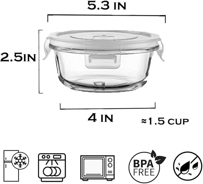 Small Round Glass Food Containers with lids, 12oz Round Food Storage Containers with Lid, 1.5 Cup Small Glass Food Containers with Lid BPA-Free, Microwave, Dishwasher, Freezer Safe (4 Pack)
