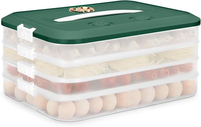 Food Storage Containers with Lids, Plastic Cookie Storage Containers Airtight, 4-Layer Stackable Food Containers Dumpling Storage Box, Green