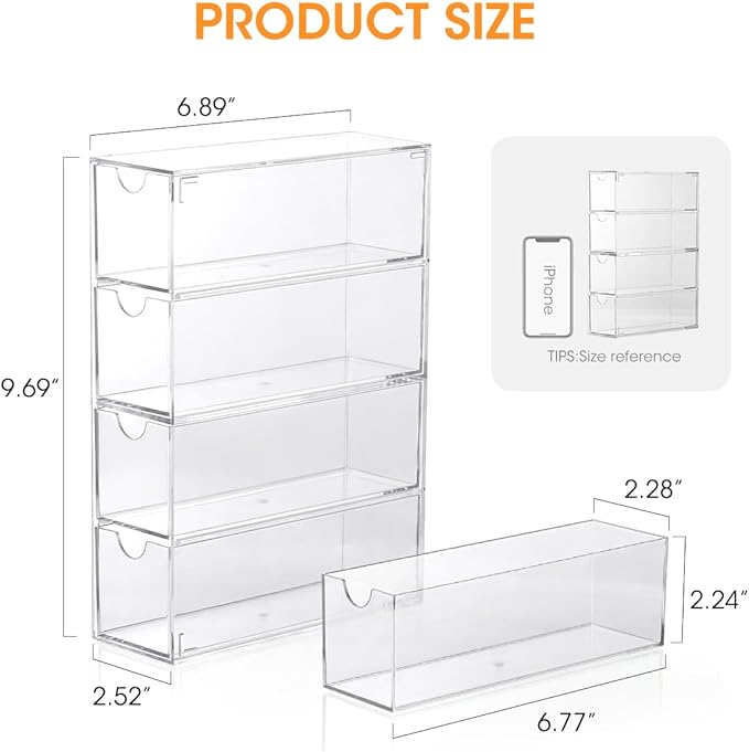 AIEVE Drink Packet Organizer, Drink Mix Holder with 4 Clear Drawers, Acrylic Water Flavor Packets Container, Kitchen Storage Organizers for Pantry Home Organization