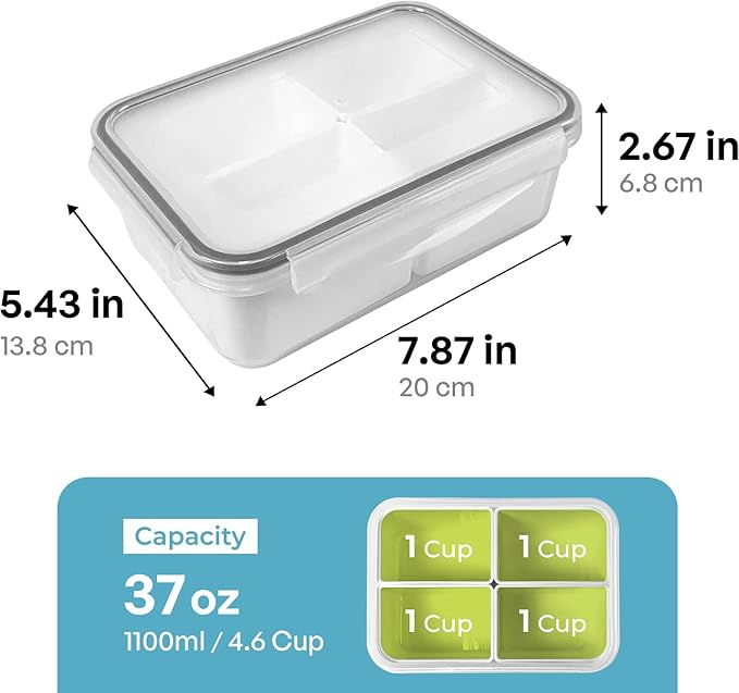 carrotez Food Storage Container with 4 Removable Compartments, Food Prep Container with Airtight Lids, Portion Control Container, Reusable, BPA Free, 4.6 Cup(1100ml)