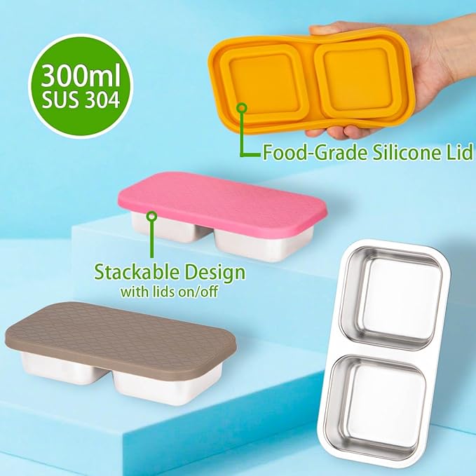 SUMERX 3 Pack Stainless Steel Snack Containers, 2 Compartment Snack Containers with Lids, Reusable Food Storage Containers with Lids for Travel, Outdoor, Camping