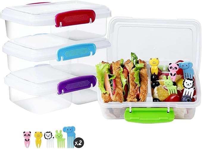 4 Pack Plastic Snack Containers with Lids, 2 Compartment Food Container for Kids Snack Box, Travel Bento Lunch Containers with forks for Fruits/Candies, Divided Food Storage Containers for School