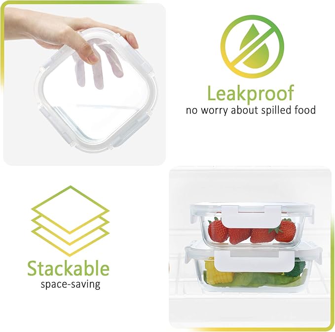 24-Piece Glass Food Storage Containers with Upgraded Snap Locking Lids,Glass Meal Prep Containers Set - Airtight Lunch Containers, Microwave, Oven, Freezer and Dishwasher,White
