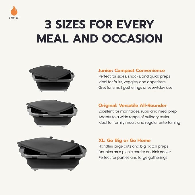 Drip EZ Collapsible BBQ Prep Tubs 2-Piece Set - For Meal Prep Marinating Food Storage - Includes Cutting Board & Lid - (1) OG + (1) XL - Orange
