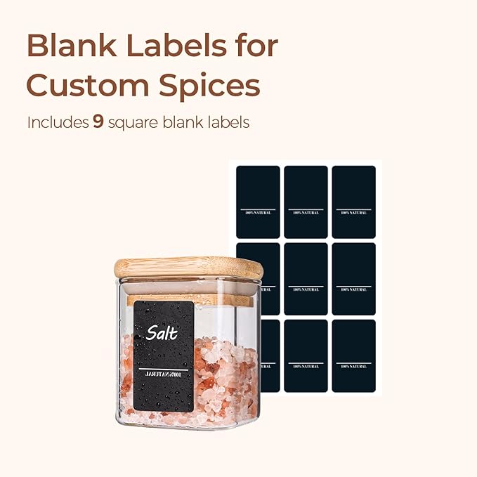 ComSaf Spice Jars with Labels 4 oz 6Pack, Small Spice Containers Starter Set, Glass Seasoning Jars with Lids, Square Seasoning Containers for Salt, Pepper, Chili Powder, Sugar, Ginger Ground, Cumin