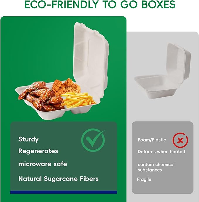 JOLLY CHEF Disposable Clamshell Take Out Food Containers, [8 * 8" 50-Pack] 3-Compartment Sugarcane Clamshell Takeout Boxes, 50-Pack To Go Boxes for Restaurants & Meal Prep