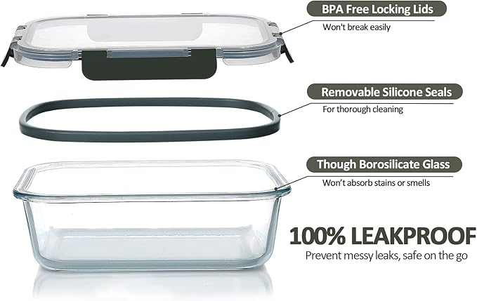 M MCIRCO 10-Pack Glass Food Storage Container with Lids, Airtight Lunch Bento Boxes, Glass Meal Prep Container,Microwave, Oven, Freezer and Dishwasher Friendly