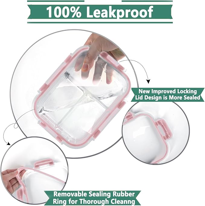 HOMBERKING 8 Pack Glass Meal Prep Containers 3 Compartment, 36oz Glass Food Storage Containers with Lids, Airtight Glass Lunch Bento Boxes, BPA-Free & Leak Proof (8 lids & 8 Containers) - Pink