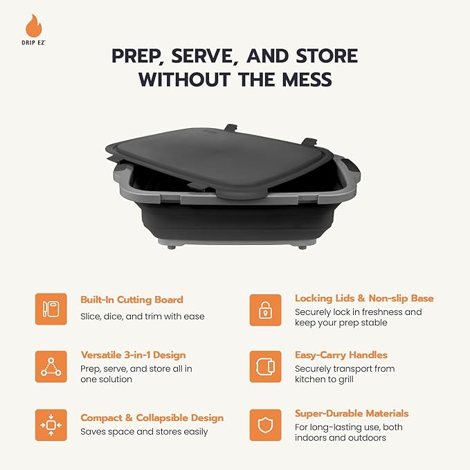 Drip EZ Collapsible BBQ Prep Tubs 2-Piece Set - For Meal Prep Marinating Food Storage - Includes Cutting Board & Lid - (1) OG + (1) XL - Orange