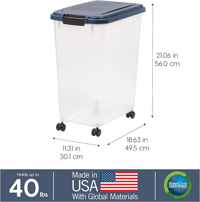 IRIS USA Airtight Dog Food Storage Container, Up to 40 lbs, Attachable Wheels, For Dog Cat Bird and Other Pet Food Storage Bin, Keep Fresh, Translucent Body, Easy Mobility, Navy