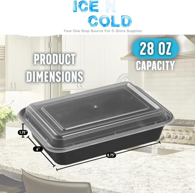 ICE N COLD Reusable To-Go Food Meal Prep Storage Containers with Leak Proof Snap Lids 28oz | 830ml | 100-Pack