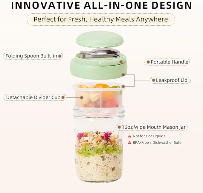 UWILLION 2 Pack Overnight Oats Containers with Lids and Handles, Folding Spoons & Divided Compartments for Fruit & Nuts, 16oz Glass Mason Jars for Oatmeal, Meal Prep & Breakfast (Cream/Green)