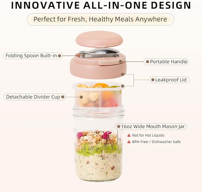 UWILLION 2 Pack Overnight Oats Containers with Lids and Handles, Folding Spoons & Divided Compartments for Fruit & Nuts, 16oz Glass Mason Jars for Oatmeal, Meal Prep & Breakfast (Cream/Pink)