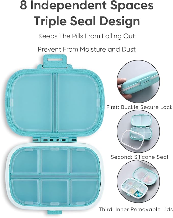 Holii Travel Pill Organizer, 8 Compartments Portable Pill Case, Daily Pill Box to Hold Vitamins, Small Pill Container for Pocket Purse Medicine Organizer（Blue）