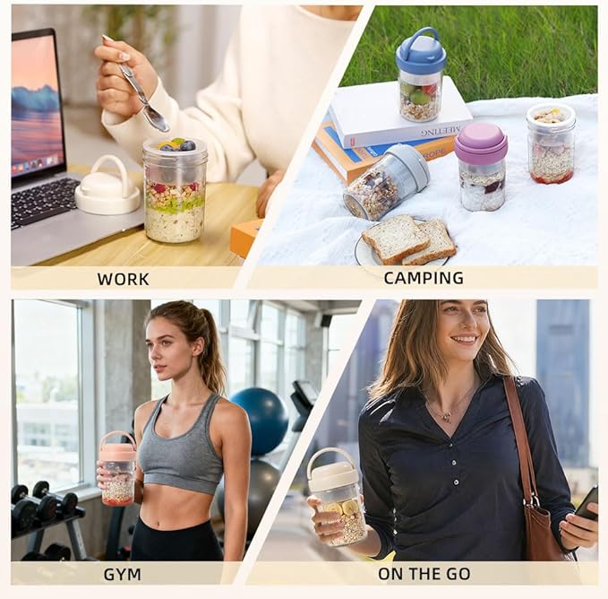 4 Pack Overnight Oats Containers with Lids and Handles, Folding Spoons & Divided Compartments for Fruit & Nuts, 16oz Glass Mason Jars for Oatmeal Yogurt Container with lids (Cream/Blue/Gray/Pink)