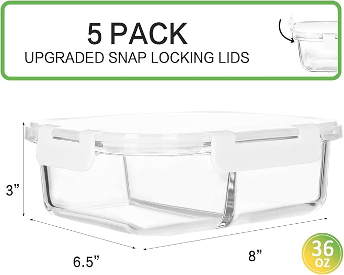 [5-Pack,36 Oz]Glass Meal Prep Containers 2 Compartments Portion Control with Upgraded Snap Locking Lids Glass Food Storage Containers, Microwave, Oven, Freezer and Dishwasher (4.5 Cups, White)