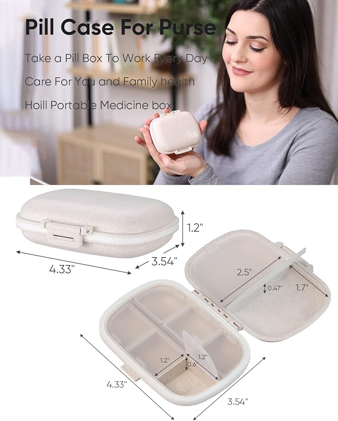 Holii Travel Pill Organizer, 8 Compartments Portable Pill Case, Daily Pill Box to Hold Vitamins, Small Pill Container for Pocket Purse Medicine Organizer（Khaki）