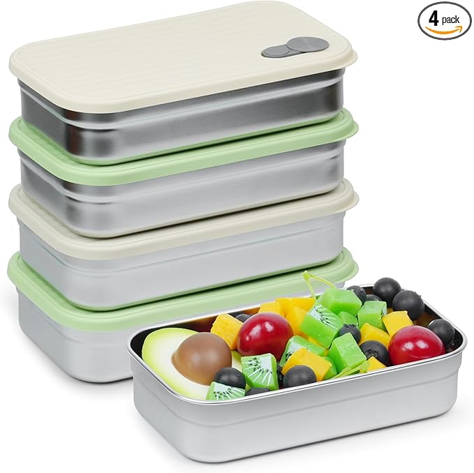 4 Pack Stainless Steel Snack Containers, 22oz Reusable Food Storage Containers with Lids, Metal Meal Prep Lunch Box, Dishwasher Safe, Snack Box Container for Trave & Outdoor Camping (White, Green)