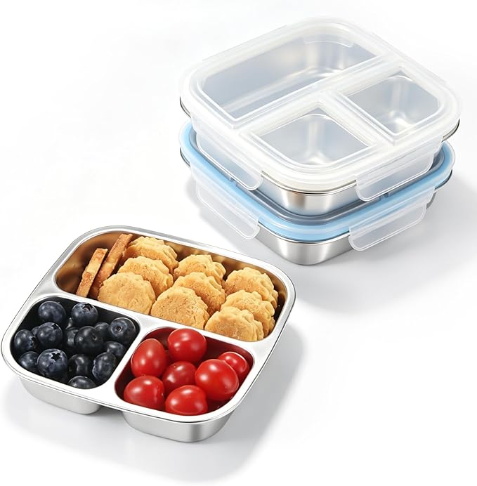 2 Pack Stainless Steel Snack Containers, 3 Compartments Reusable on the go Bento Box with Lids for Kids, Lunch Box Pre Meal Storage for School Outdoor Camping Travel - White & Blue