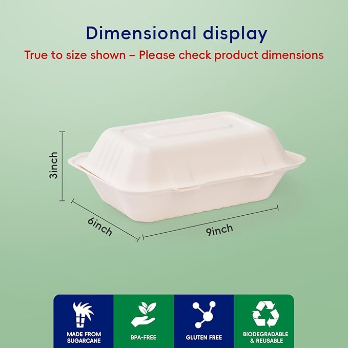 JOLLY CHEF Clamshell Take Out Food Containers, [9 * 6" 75-Pack] To Go Containers Disposable, Sugarcane To Go Boxes for Salad,Lunch