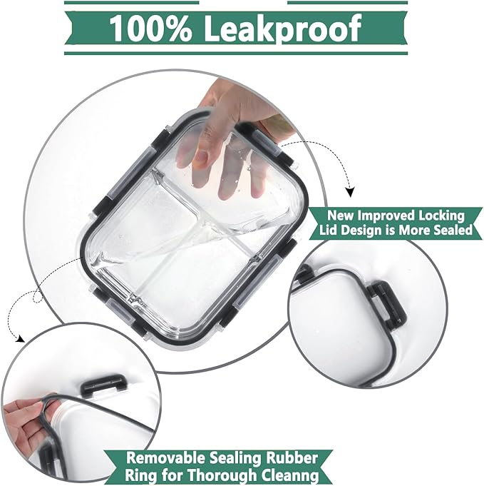 HOMBERKING 8 Pack Glass Meal Prep Containers 3 Compartment, 36oz Glass Food Storage Containers with Lids, Airtight Lunch Bento Boxes, BPA-Free & Leak Proof (8 lids & 8 Container) - Black