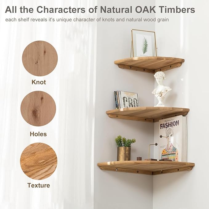 Corner Shelf, Solid Oak Wood Floating Corner Shelf Wall Mount Round End - Image 6