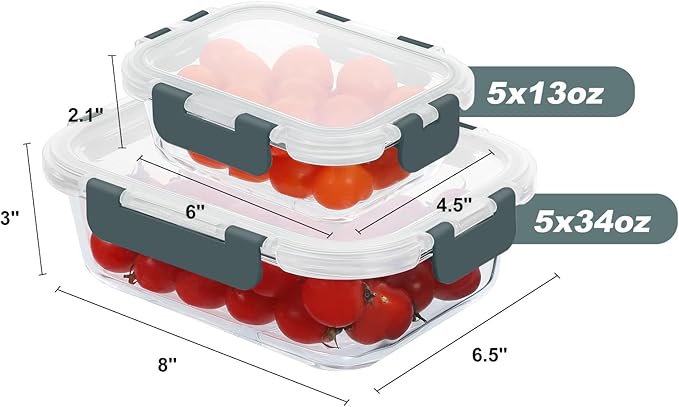 KOMUEE 10 Pack Glass Food Storage Containers, Meal Prep Containers with Lids, Airtight Glass Lunch Boxes, Freezer, Oven, and Microwave Safe