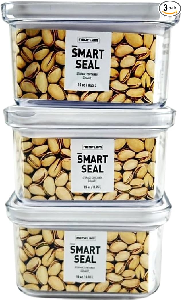 Neoflam Airtight Smart Seal Food Storage Container (Set of 3) | Crystal Clear Body | Modular, Stackable, Nestable Design (0.6L. Square)
