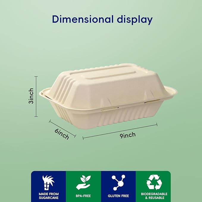 JOLLY CHEF Clamshell Take Out Food Containers, [75-Pack 9 * 6" ] To Go Containers Disposable, 100% Compostable Sugarcane To Go Boxes for Salad,Lunch