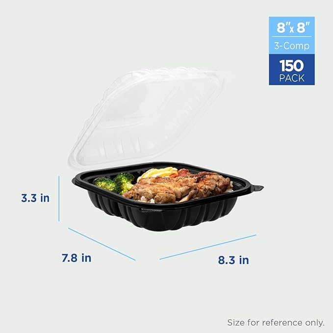 Karat Premium PP Hinged Container [150 ct], Take Out Food Containers - Case (8"x8", 3 compartments)