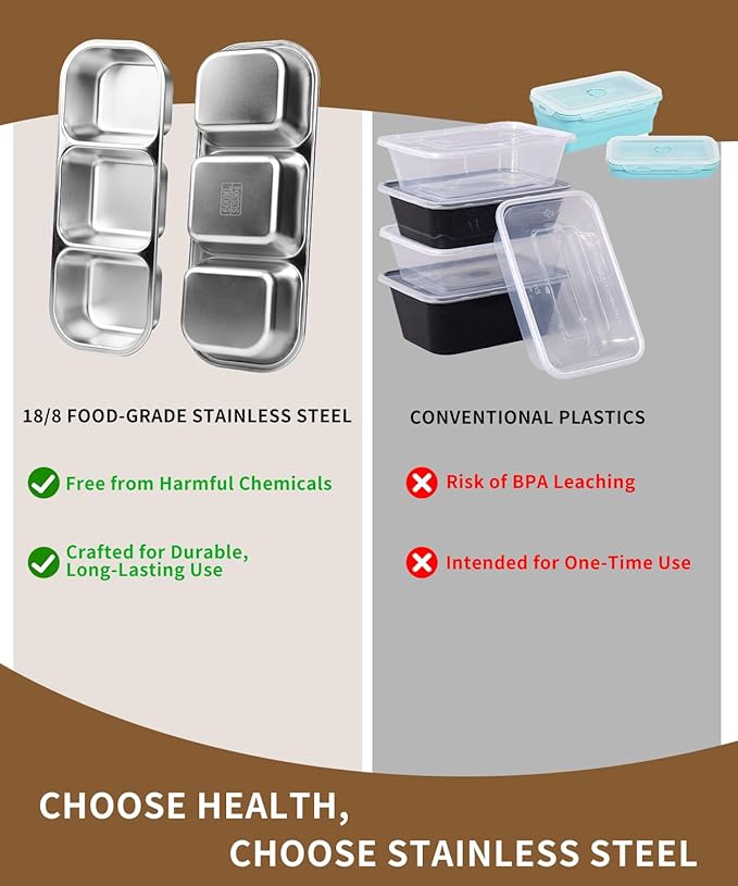 JUJOJB Snack Containers, 4 Pack Stainless Steel Bento Box With Lids,Leak Proof Metal Lunch Box with 3 Compartments,Reusable Lunch Meal Prep Containers for office,Work,Travel For Adults Little One
