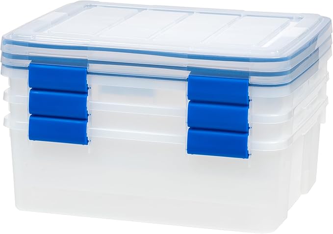 IRIS USA WeatherPro 27 Qt Storage Bins with Lids, 3 Pack, BPA-Free Plastic Gasket Box with Tight Latch and Seal, Stackable Nestable Tote Tub - Clear/Blue