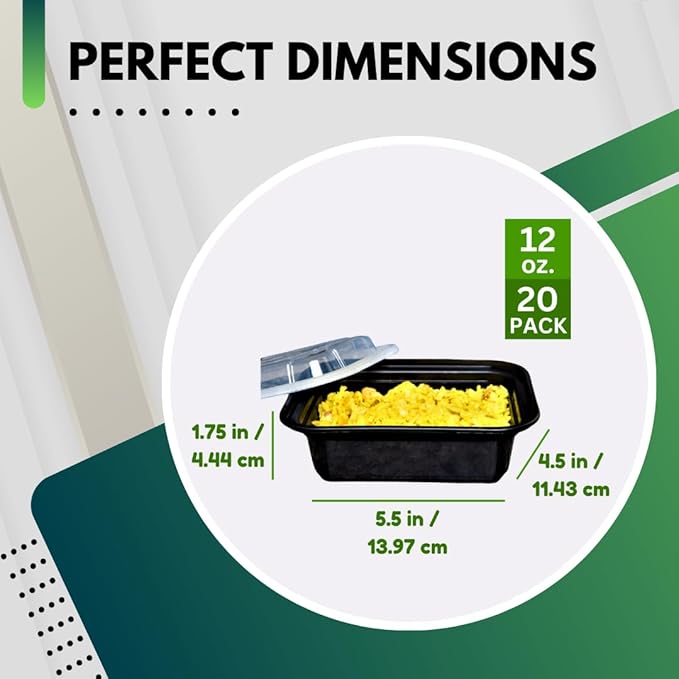 Green Direct Pack of 20 (12 oz) - Disposable Meal Prep and Take out black food containers with lids, Plastic Bento Lunch Box To Go