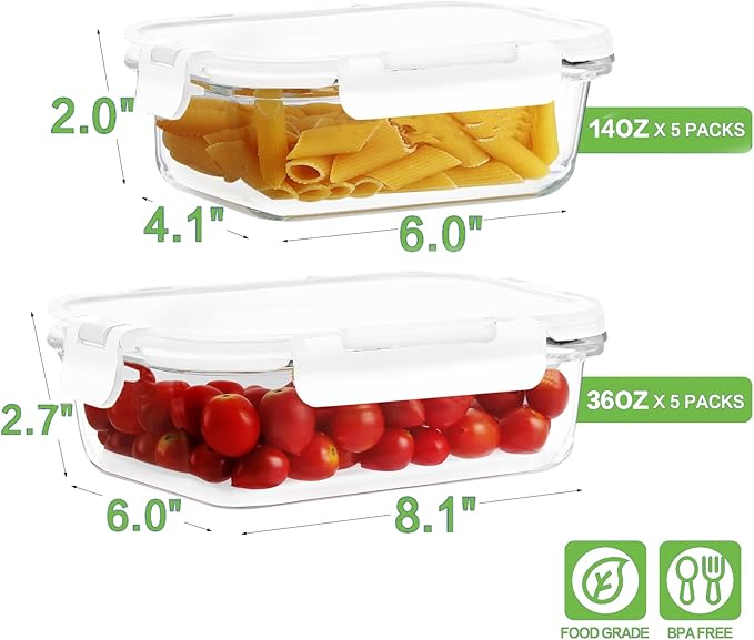 10 Pack Borosilicate Glass Meal Prep Containers with Locking Lids, Glass Food Storage Containers Set, Airtight Lunch Bento Boxes, BPA-Free & Leak Proof, 36oz & 14oz, Freezer, Oven Safe-White