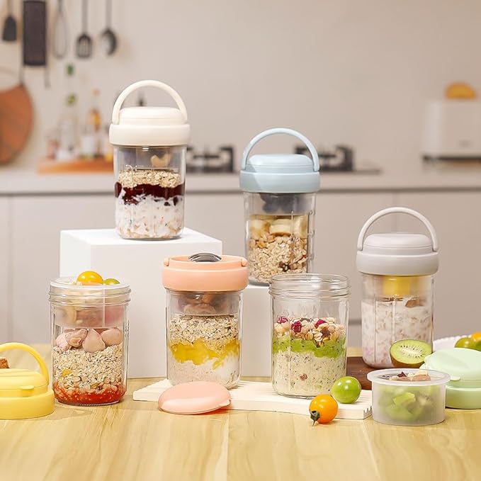 UWILLION 2 Pack Overnight Oats Containers with Lids and Handles, Folding Spoons & Divided Compartments for Fruit & Nuts, 16oz Glass Mason Jars for Oatmeal, Meal Prep & Breakfast (Cream/Yellow)