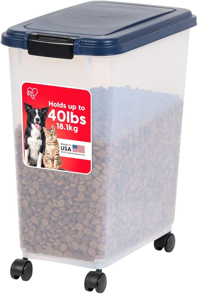 IRIS USA Airtight Dog Food Storage Container, Up to 40 lbs, Attachable Wheels, For Dog Cat Bird and Other Pet Food Storage Bin, Keep Fresh, Translucent Body, Easy Mobility, Navy