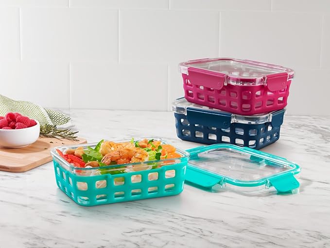 Ello Duraglass 3.4 Cup Meal Prep Sets 6Pc, 3 Pack Set- Glass Food Storage Container with Silicone Sleeve and Airtight BPA-Free Plastic Lids, Dishwasher, Microwave, and Freezer Safe, Berry