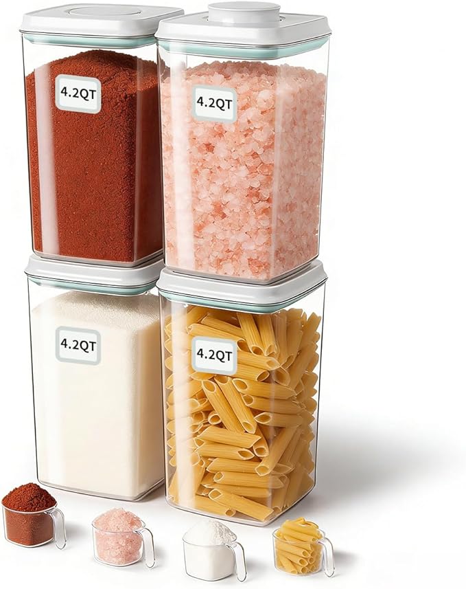 Airtight Food Storage Containers Set with One-Touch Lid, 4-Pack (4.22 QT / 4.0 L) Best Value Stackable Durable PET for Complete Kitchen Pantry Organization