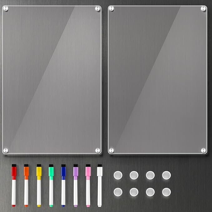 2 Pack 12''*8'' Acrylic Magnetic Whiteboard for Fridge, Clear Dry Erase Menu Board for Refrigerator with 8 Markers, Magnetic Planning Board for to Do List/Shopping List, Meal Planner for Kitchen