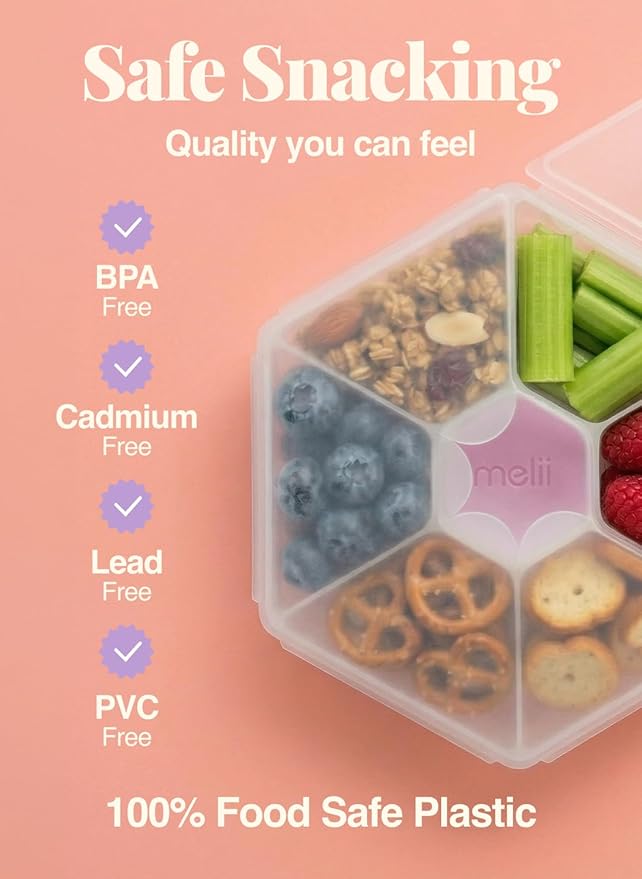 melii Hexagonal Snackle Box | 6 Compartment Snack Container with Individual Snap-Lock Lids, Easy-Grip Design for Kids & Adults, Portion-Control Food Storage for Lunch, Travel & On-the-Go (Grey)