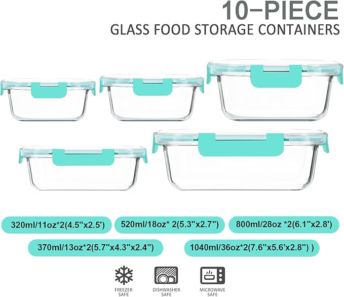 M MCIRCO 10-Pack Glass Food Storage Container with Lids, Airtight Lunch Bento Boxes, Glass Meal Prep Container,Microwave, Oven, Freezer and Dishwasher Friendly, Green