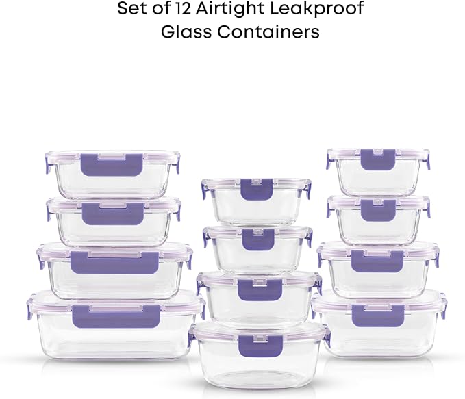 JoyJolt 24pc Borosilicate Glass Storage Containers with Lids | 12 Airtight/Freezer Safe Food Storage Containers for Pantry and Kitchen | Meal Prep Container for Lunch | Glass Tupperware Set
