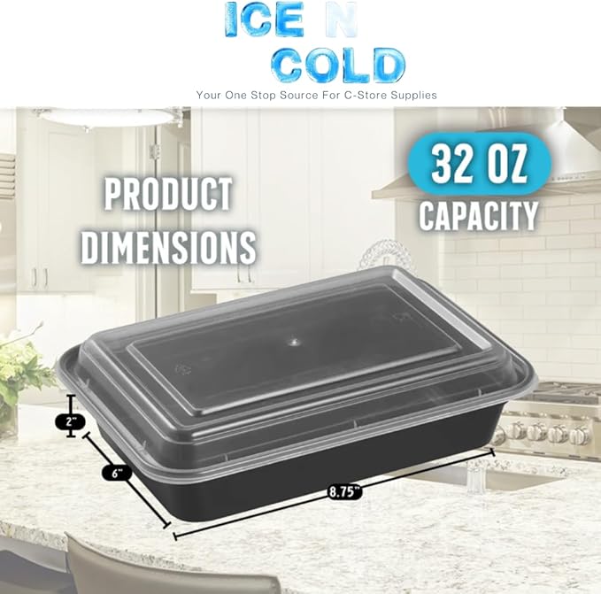 ICE N COLD Reusable To-Go Food Meal Prep Storage Containers with Leak Proof Snap Lids 32oz | 950ml | 25-Pack